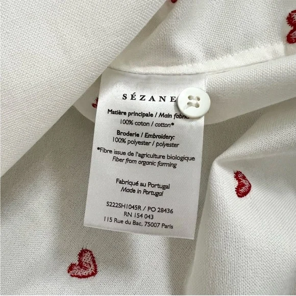 NWT Sezane Tomboy White Button Down Shirt Embroidered Red Hearts US Size 8 - Picture 5 of 7